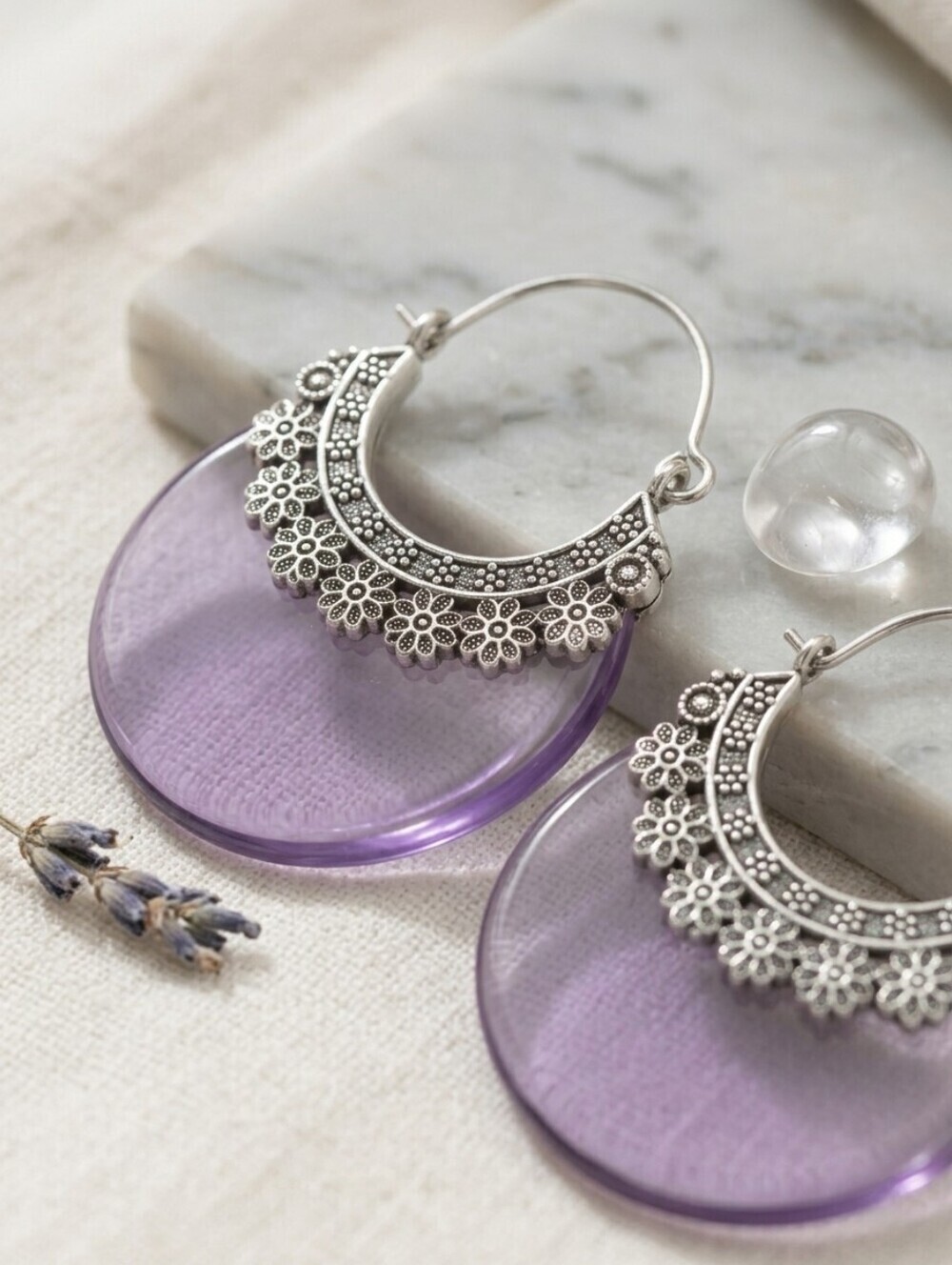 925 Silver Plated Filigree Genuine Amethyst Hoop Earrings Bohemian Artisan 2"